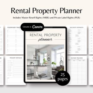 Könnte beinhalten: Ein digitaler Planer für die Verwaltung von Mietobjekten. Der Planer umfasst 25 Seiten mit Abschnitten für die Kontoverfolgung, die Passwortverfolgung, Mieterfragebögen, Mieterdetails, Kautionszahlungen, Besichtigungspläne, Einkommenstracking und Wartungsprotokolle. Der Planer ist in Canva bearbeitbar.