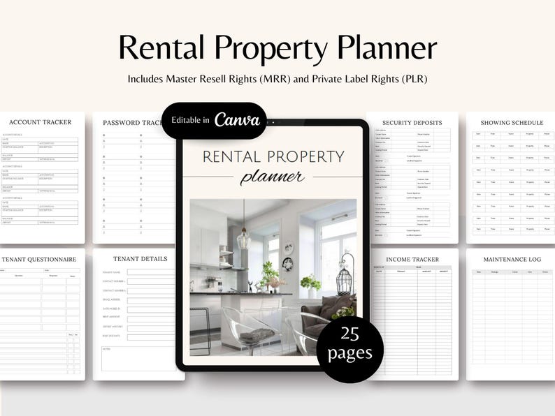 May include: A digital planner for rental property management. The planner includes 25 pages with sections for account tracking, password tracking, tenant questionnaires, tenant details, security deposits, showing schedules, income tracking, and maintenance logs. The planner is editable in Canva.