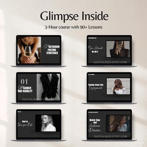 May include: A collage of six laptop screens showing different lessons from a 3-hour course on Instagram posting strategies. The course includes lessons on maximizing visibility, turning views into engagement, and watch time and audience retention. The course is available at DIGITALBIZX.ETSY.COM.