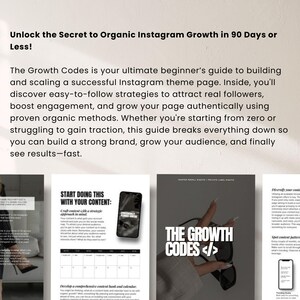 Może przedstawiać: Obraz promocyjny z tekstem "Unlock the Secret to Organic Instagram Growth in 90 Days or Less!" i "The Growth Codes". Obraz zawiera strony ze strategiami treści, grafikę telefonu i osobę trzymającą okulary przeciwsłoneczne.