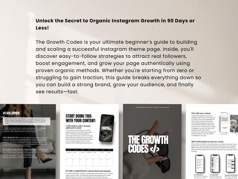 Może przedstawiać: Obraz promocyjny z tekstem "Unlock the Secret to Organic Instagram Growth in 90 Days or Less!" i "The Growth Codes". Obraz zawiera strony ze strategiami treści, grafikę telefonu i osobę trzymającą okulary przeciwsłoneczne.