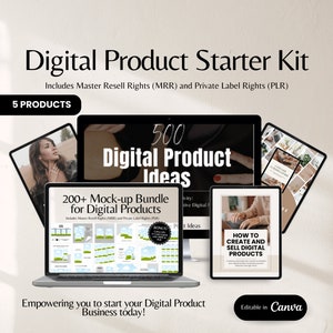 May include: A digital product starter kit with five products, including a mock-up bundle for digital products, a guide on how to create and sell digital products, and a list of 500 digital product ideas. The kit is editable in Canva.