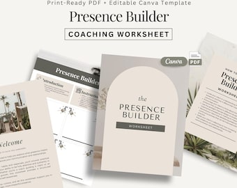 Op de afbeelding: Een verzameling beige en witte coachingwerkbladen met de titel "Presence Builder". De werkbladen bevatten de tekst "Coaching Worksheet", "Introduction" en "Instructions". De afbeelding bevat ook de tekst "Print-Ready PDF + Editable Canva Template".