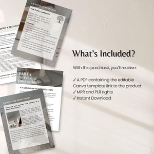 May include: A collection of digital marketing documents with text, including "Show Up Everyday" and "Increasing Interactions." The documents are accompanied by the text "What's Included?" and a list of included items, such as a PDF and Canva template.
