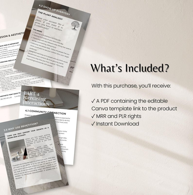 May include: A collection of digital marketing documents with text, including "Show Up Everyday" and "Increasing Interactions." The documents are accompanied by the text "What's Included?" and a list of included items, such as a PDF and Canva template.