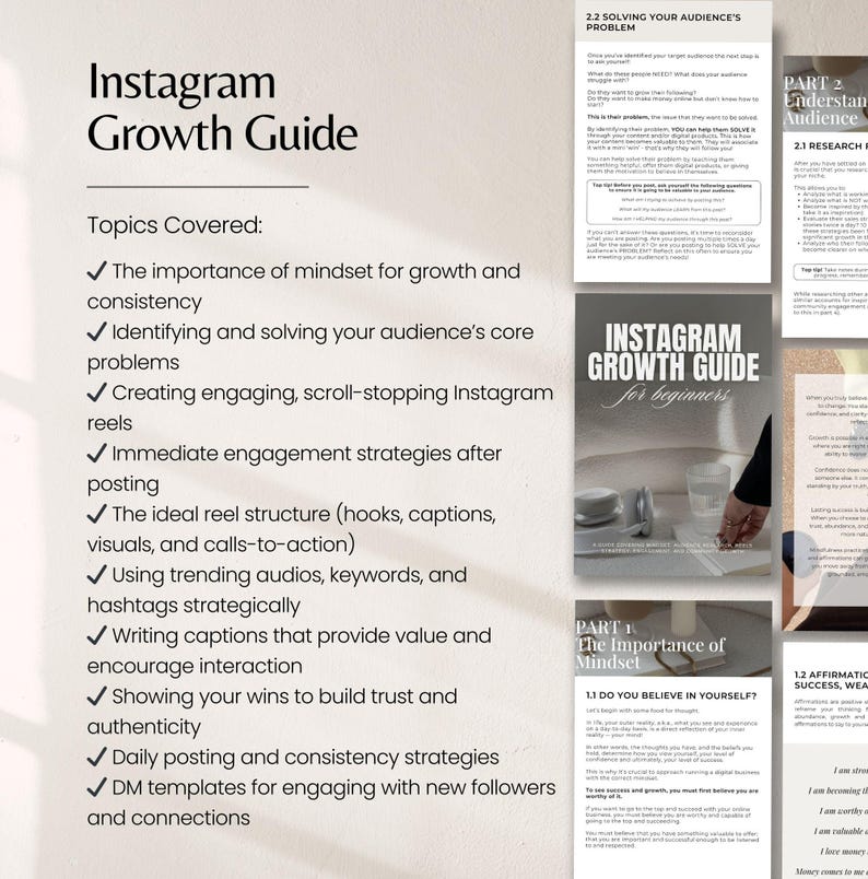 May include: An Instagram Growth Guide for beginners. The guide covers topics such as mindset, audience problems, reels, engagement strategies, reel structure, hashtags, captions, and daily posting strategies. The cover features the title in a stylish font.