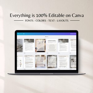 May include: A laptop displaying a Canva design with the text "Everything is 100% Editable on Canva." The screen shows various document layouts with text and images. The design elements include fonts, colors, text, and layouts.