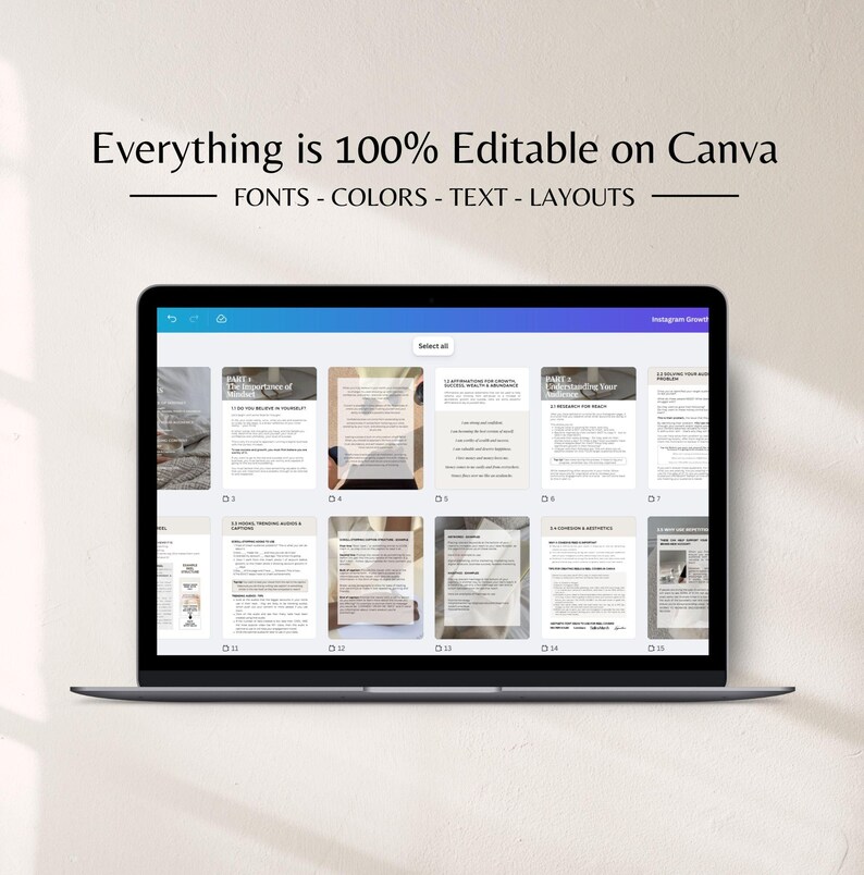 May include: A laptop displaying a Canva design with the text "Everything is 100% Editable on Canva." The screen shows various document layouts with text and images. The design elements include fonts, colors, text, and layouts.