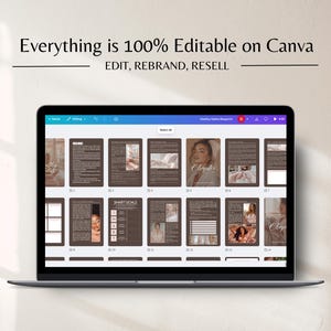 May include: A laptop displays a digital document with a brown and white design. The text "Everything is 100% Editable on Canva" is at the top. The document includes pages with text and images, and the words "EDIT, REBRAND, RESELL" are also visible.