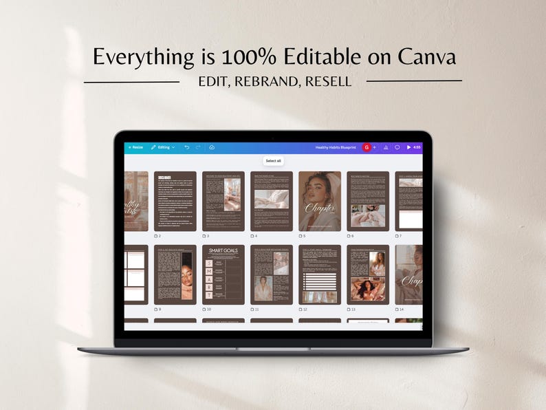 May include: A laptop displays a digital document with a brown and white design. The text "Everything is 100% Editable on Canva" is at the top. The document includes pages with text and images, and the words "EDIT, REBRAND, RESELL" are also visible.