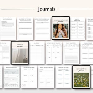 May include: A set of printable journal pages with titles such as "Coping Steps", "Prayer Journal", "Being an Introvert Journal", "Abundance Journal", and "2-4-9 Method".