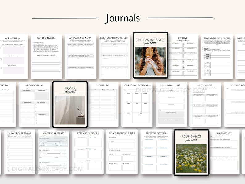 May include: A set of printable journal pages with titles such as "Coping Steps", "Prayer Journal", "Being an Introvert Journal", "Abundance Journal", and "2-4-9 Method".