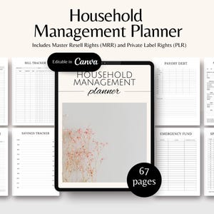 May include: A digital household management planner with a minimalist design. The planner includes trackers for income, bills, expenses, savings, debt payoff, monthly budget, emergency fund, and spending. The planner is editable in Canva and has 67 pages.