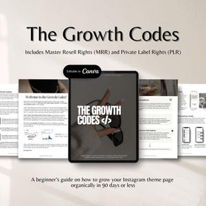 May include: Digital marketing guide titled "The Growth Codes" with the text "Includes Master Resell Rights (MRR) and Private Label Rights (PLR)". The cover features the title and a graphic. The guide is "Editable in Canva". The guide is a beginner's guide on how to grow your Instagram theme page organically.