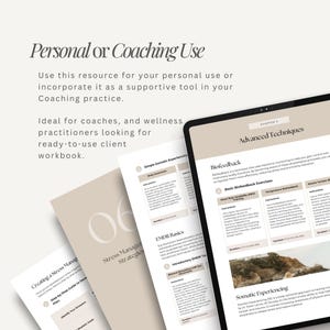 May include: A digital tablet and several printed workbooks are displayed. The tablet screen shows "Advanced Techniques" and "Biofeedback" information. The workbooks have titles like "Stress Manager Strategies" and "Creating a Stress Management Plan". The color scheme is neutral.