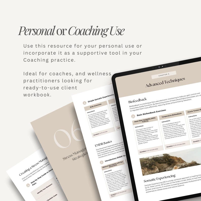 May include: A digital tablet and several printed workbooks are displayed. The tablet screen shows "Advanced Techniques" and "Biofeedback" information. The workbooks have titles like "Stress Manager Strategies" and "Creating a Stress Management Plan". The color scheme is neutral.
