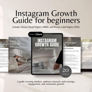 Könnte beinhalten: Ein digitaler Leitfaden mit dem Titel "Instagram Growth Guide for beginners" auf einem Tablet, mit dem Text "Includes Master Resell Rights (MRR) and Private Label Rights (PLR)". Der Leitfaden behandelt Denkweise, Zielgruppenforschung, Reels-Strategie, Engagement und Community-Wachstum. Der Leitfaden hat 20 Seiten.