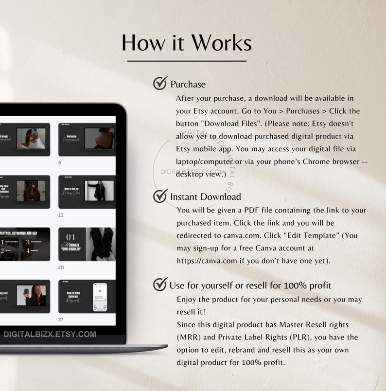 May include: A computer screen displaying a graphic with a checklist of how to purchase and download a digital product. The graphic includes the text "How it Works", "Purchase", "Instant Download", and "Use for yourself or resell for 100% profit".