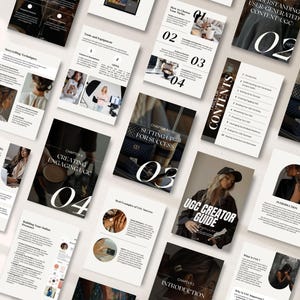 May include: A collection of white and black printed pages, including a "UGC Creator Guide" and chapters on user-generated content. The pages feature images, text, and graphics, with a focus on marketing and content creation.