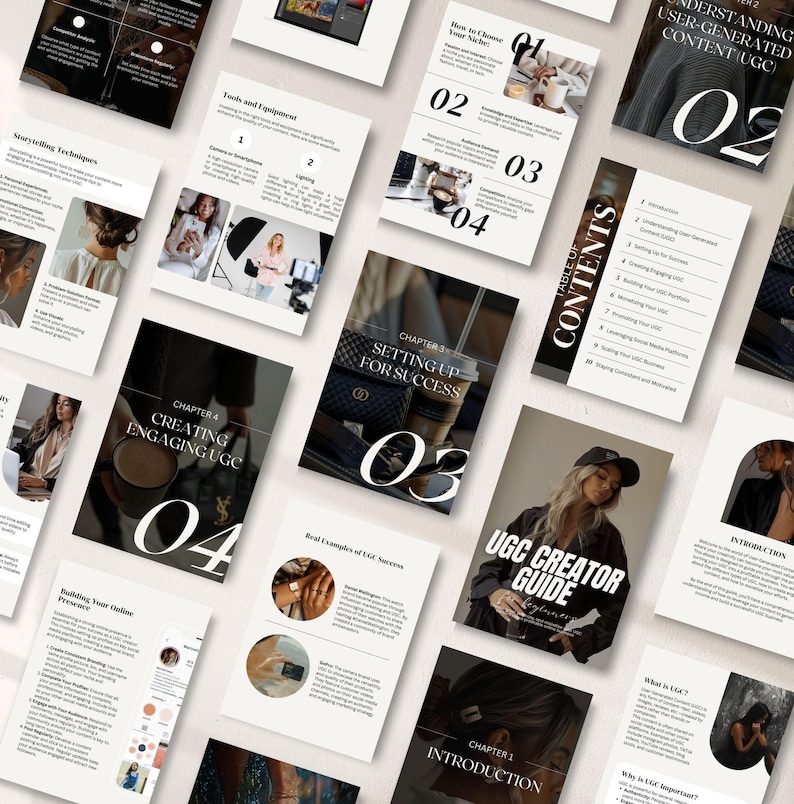 May include: A collection of white and black printed pages, including a "UGC Creator Guide" and chapters on user-generated content. The pages feature images, text, and graphics, with a focus on marketing and content creation.