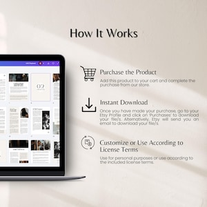 K&ouml;nnte beinhalten: Ein Laptop-Bildschirm zeigt ein digitales Dokument mit dem Titel &bdquo;How It Works&ldquo;. Das Dokument beschreibt die Schritte zum Kauf, Download und zur Nutzung eines Produkts, einschlie&szlig;lich der Lizenzbedingungen. Der Bildschirm zeigt ein Layout mit Bildern und Text.