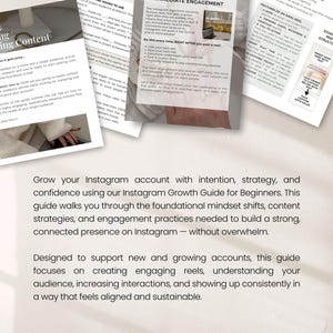 May include: A stack of white printed guides with text about Instagram growth strategies. The guides are titled "Growing Content" and "Instagram Growth Guide for Beginners." The image includes a laptop and a hand.