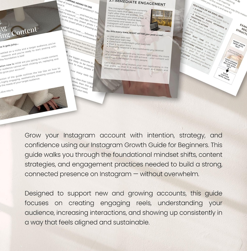 May include: A stack of white printed guides with text about Instagram growth strategies. The guides are titled "Growing Content" and "Instagram Growth Guide for Beginners." The image includes a laptop and a hand.