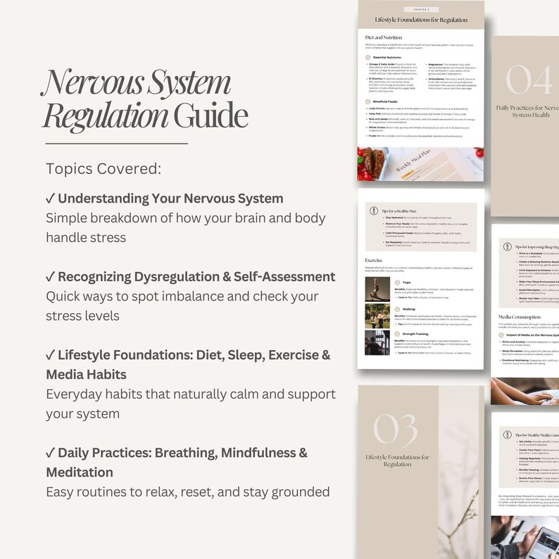 May include: A digital guide titled "Nervous System Regulation Guide" with topics including understanding the nervous system, recognizing dysregulation, lifestyle foundations, and daily practices. The guide features a beige and white colour scheme with text and images.