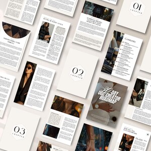 K&ouml;nnte beinhalten: Draufsicht auf mehrere offene Brosch&uuml;ren und Seiten mit Text und Bildern. Die Seiten sind auf einer wei&szlig;en Oberfl&auml;che angeordnet. Der Text enth&auml;lt "30-DAY UGC CREATOR ROADMAP" und Kapitel&uuml;berschriften. Das Farbschema ist haupts&auml;chlich Wei&szlig;, Beige und Schwarz.