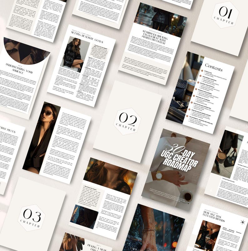 K&ouml;nnte beinhalten: Draufsicht auf mehrere offene Brosch&uuml;ren und Seiten mit Text und Bildern. Die Seiten sind auf einer wei&szlig;en Oberfl&auml;che angeordnet. Der Text enth&auml;lt "30-DAY UGC CREATOR ROADMAP" und Kapitel&uuml;berschriften. Das Farbschema ist haupts&auml;chlich Wei&szlig;, Beige und Schwarz.