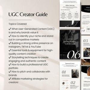 May include: A guide titled "UGC Creator Guide" with topics on user-generated content, building an online presence, content creation, and affiliate marketing. The guide includes images and text, with the chapter titled "Monetizing Your UGC".