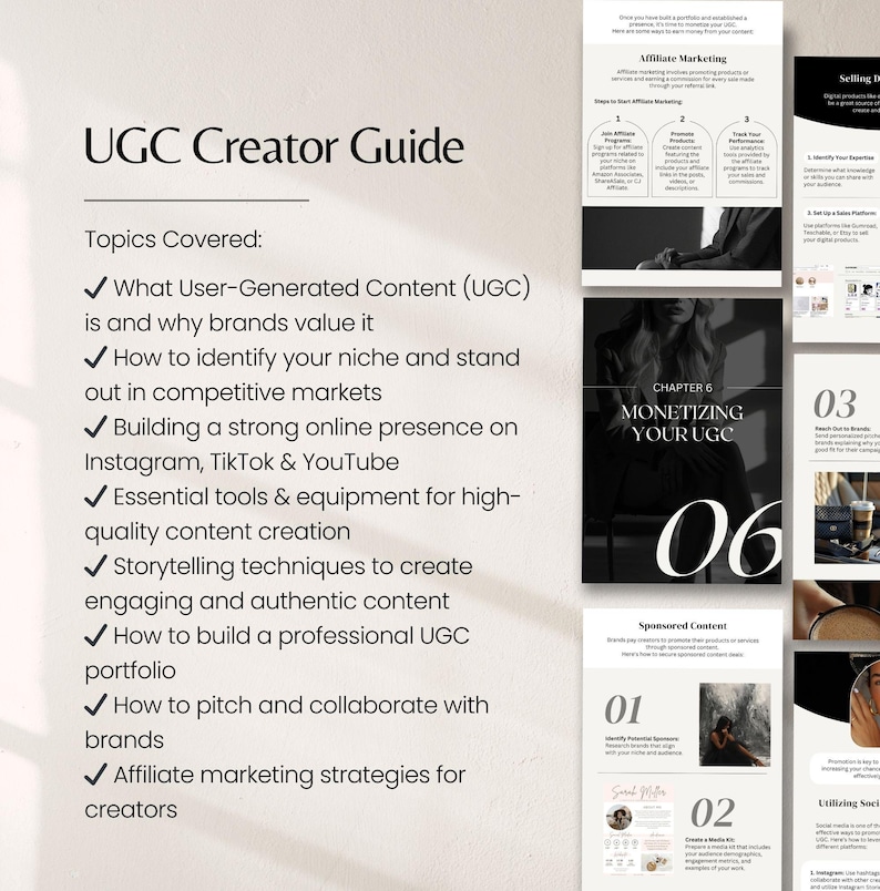 May include: A guide titled "UGC Creator Guide" with topics on user-generated content, building an online presence, content creation, and affiliate marketing. The guide includes images and text, with the chapter titled "Monetizing Your UGC".