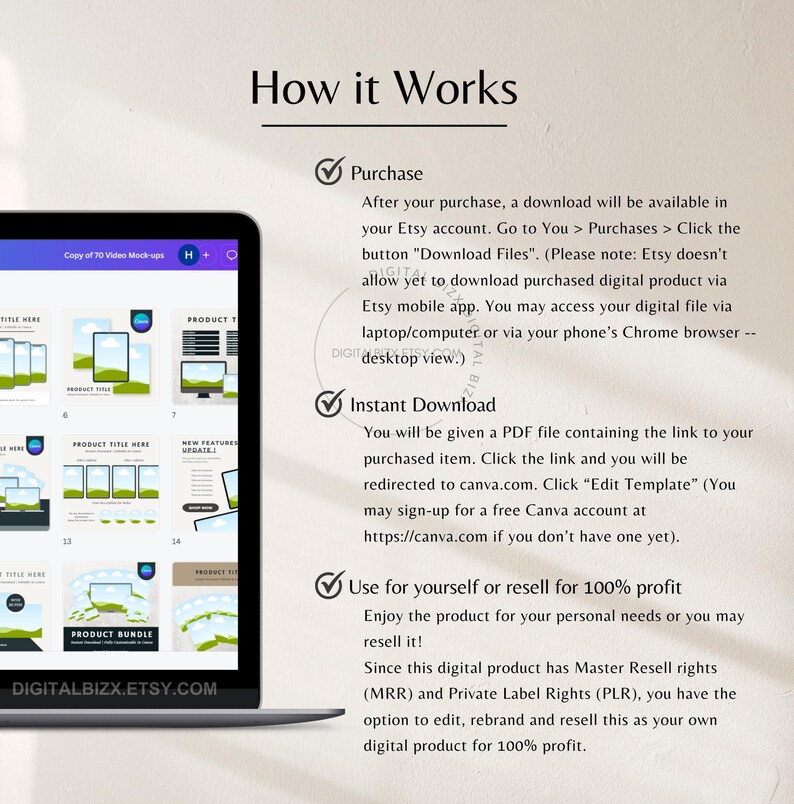 May include: A screenshot of a computer screen showing a digital product listing on Etsy. The listing is for a set of 70 video mockups. The listing includes information about how to purchase and download the product, as well as how to use it for personal or commercial purposes. The text on the screen reads "How it Works", "Purchase", "Instant Download", and "Use for yourself or resell for 100% profit".