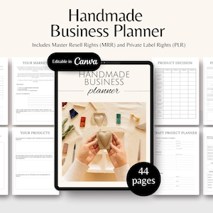 以下が含まれることがあります： 手作りビジネスのためのデジタルプランナー。表紙には、ハート型の粘土のオブジェクトを持った手が写っています。プランナーは44ページで、Canvaで編集できます。表紙には「HANDMADE BUSINESS planner」というテキストが表示されています。