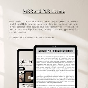 May include: A digital product license agreement with the text "MRR and PLR Terms and Conditions" displayed on a tablet screen. The text describes the rights granted to the buyer, including the right to resell and modify the product.