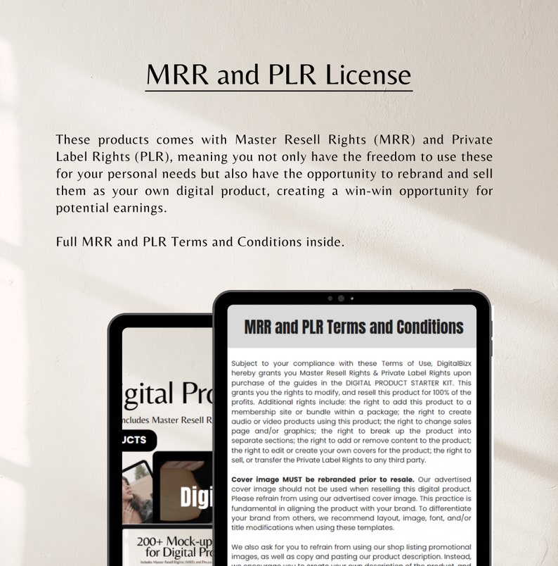 May include: A digital product license agreement with the text "MRR and PLR Terms and Conditions" displayed on a tablet screen. The text describes the rights granted to the buyer, including the right to resell and modify the product.