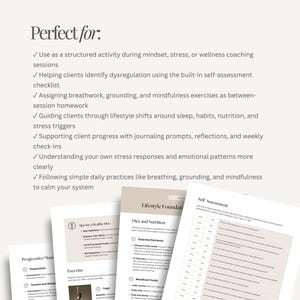 May include: A collection of printed worksheets with the text "Perfect for:" and bullet points about wellness coaching, self-assessment, and lifestyle changes. The worksheets cover topics such as diet, nutrition, and self-assessment.