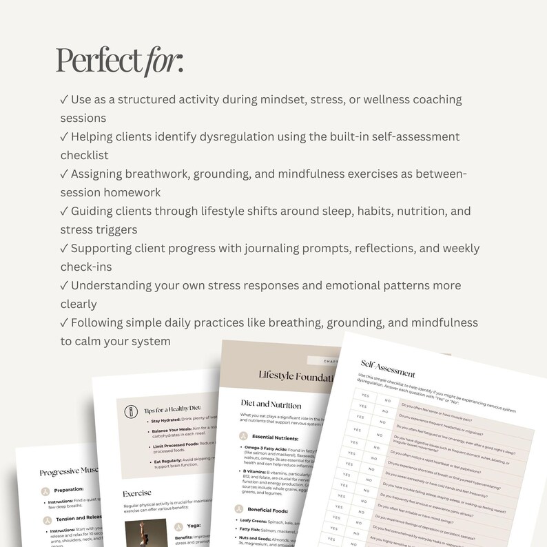 May include: A collection of printed worksheets with the text "Perfect for:" and bullet points about wellness coaching, self-assessment, and lifestyle changes. The worksheets cover topics such as diet, nutrition, and self-assessment.