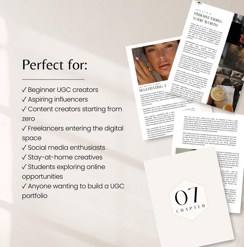K&ouml;nnte beinhalten: Ein Stapel wei&szlig;er Papiere mit Text und Bildern, darunter die W&ouml;rter &bdquo;Understanding Your Worth&ldquo; und &bdquo;Negotiating T&ldquo;. Die Papiere werden von einer Liste potenzieller Benutzer begleitet, darunter UGC-Ersteller und Social-Media-Enthusiasten.