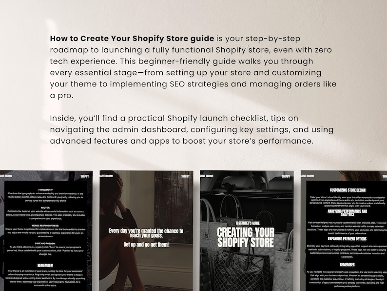 Puede incluir: Una gu&iacute;a titulada "How to Create Your Shopify Store" con texto que describe una hoja de ruta paso a paso para lanzar una tienda Shopify. La imagen incluye una lista de verificaci&oacute;n, consejos e informaci&oacute;n sobre estrategias de SEO. Tambi&eacute;n hay im&aacute;genes de una mujer y una gu&iacute;a titulada "Creating Your Shopify Store".