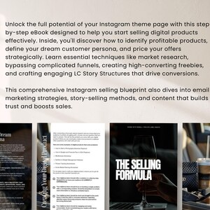 Może przedstawiać: Okładka e-booka z tytułem "Choosing Your Dream Customer Persona" i inne strony z tekstem. Gł&oacute;wny tekst brzmi: "Unlock the full potential of your Instagram theme page..." i "This comprehensive Instagram selling blueprint..."