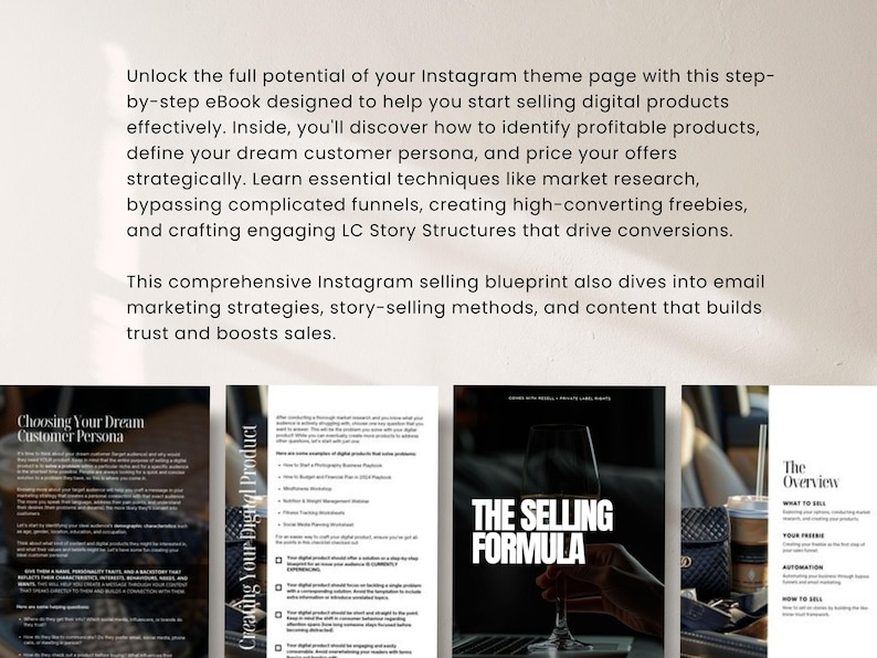 Może przedstawiać: Okładka e-booka z tytułem "Choosing Your Dream Customer Persona" i inne strony z tekstem. Gł&oacute;wny tekst brzmi: "Unlock the full potential of your Instagram theme page..." i "This comprehensive Instagram selling blueprint..."