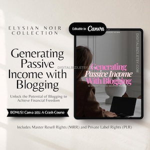 Op de afbeelding: Een roze en witte digitale productcover met de tekst "Generating Passive Income with Blogging" en "Unlock the Potential of Blogging to Achieve Financial Freedom". De cover bevat ook de tekst "Bonus! Canva 101: A Crash Course" en "Includes Master Resell Rights (MRR) and Private Label Rights (PLR)".