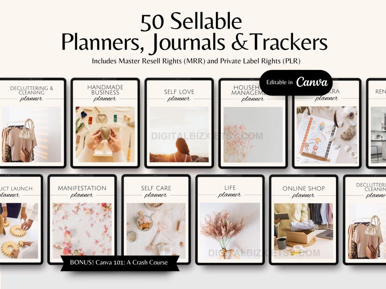 May include: A digital product mockup showing 50 different planner templates, including a self-love planner, a business planner, a cleaning planner, a life planner, and a manifestation planner. The text "Editable in Canva" is visible in the image.