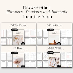 May include: Four printable planner designs: Self Care, Self Love, Life, and Chakra. Each planner features a different image and the text "Made in Canva" on the cover. The planners are designed for use with the Canva app.