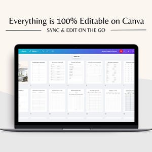 May include: A screenshot of a laptop screen displaying a Canva document with a rental property planner. The document is divided into 14 sections, each with a different title, such as "Payment Tracker", "Activity Tracker", and "Tenant Details". The text "Everything is 100% Editable on Canva" is shown at the top of the screen.
