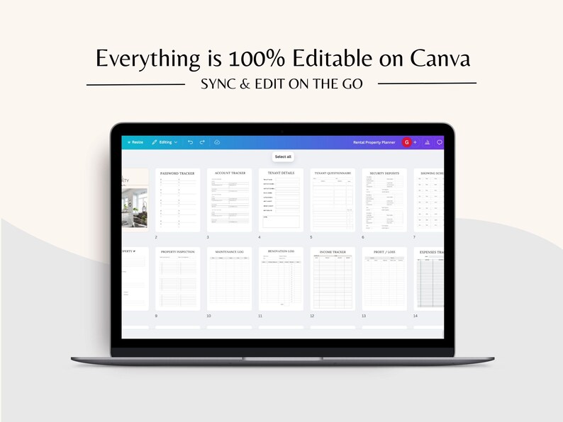 May include: A screenshot of a laptop screen displaying a Canva document with a rental property planner. The document is divided into 14 sections, each with a different title, such as "Payment Tracker", "Activity Tracker", and "Tenant Details". The text "Everything is 100% Editable on Canva" is shown at the top of the screen.