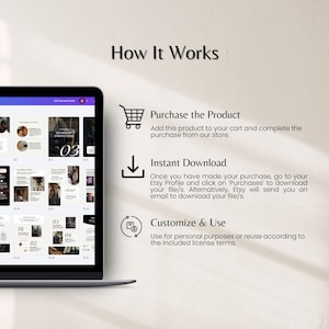 May include: A laptop screen displays a digital guide with the title "How It Works." The image details the steps: Purchase the Product, Instant Download, and Customize & Use. The guide includes images and text, with a shopping cart, download arrow, and circular icon.