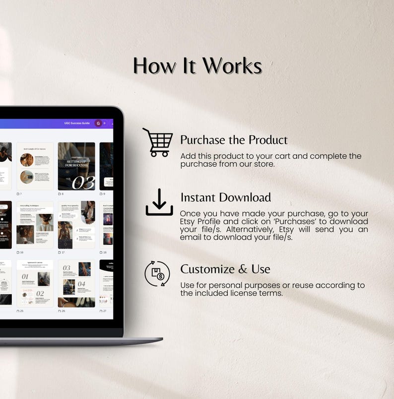 May include: A laptop screen displays a digital guide with the title "How It Works." The image details the steps: Purchase the Product, Instant Download, and Customize & Use. The guide includes images and text, with a shopping cart, download arrow, and circular icon.