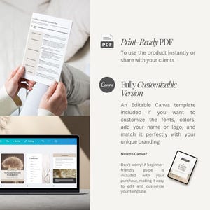 May include: A person holding a document titled "Creating a Home Management Plan." The image also shows a laptop displaying a Canva template and text that reads "Print-Ready PDF" and "Fully Customizable Version."